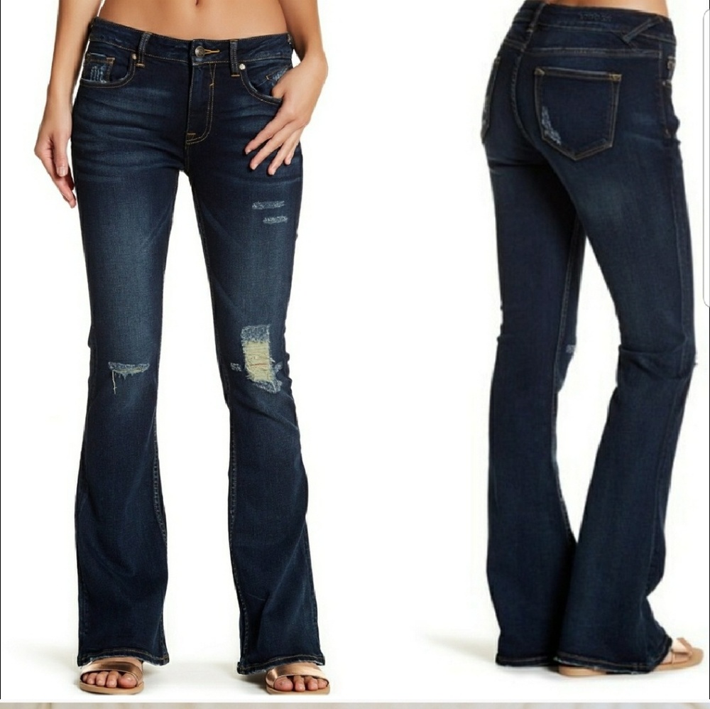 Vigoss Dark Wash Distressed Flare Jeans - Indigo Blue